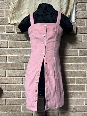 Pink Corduroy Overall Button Up Dress